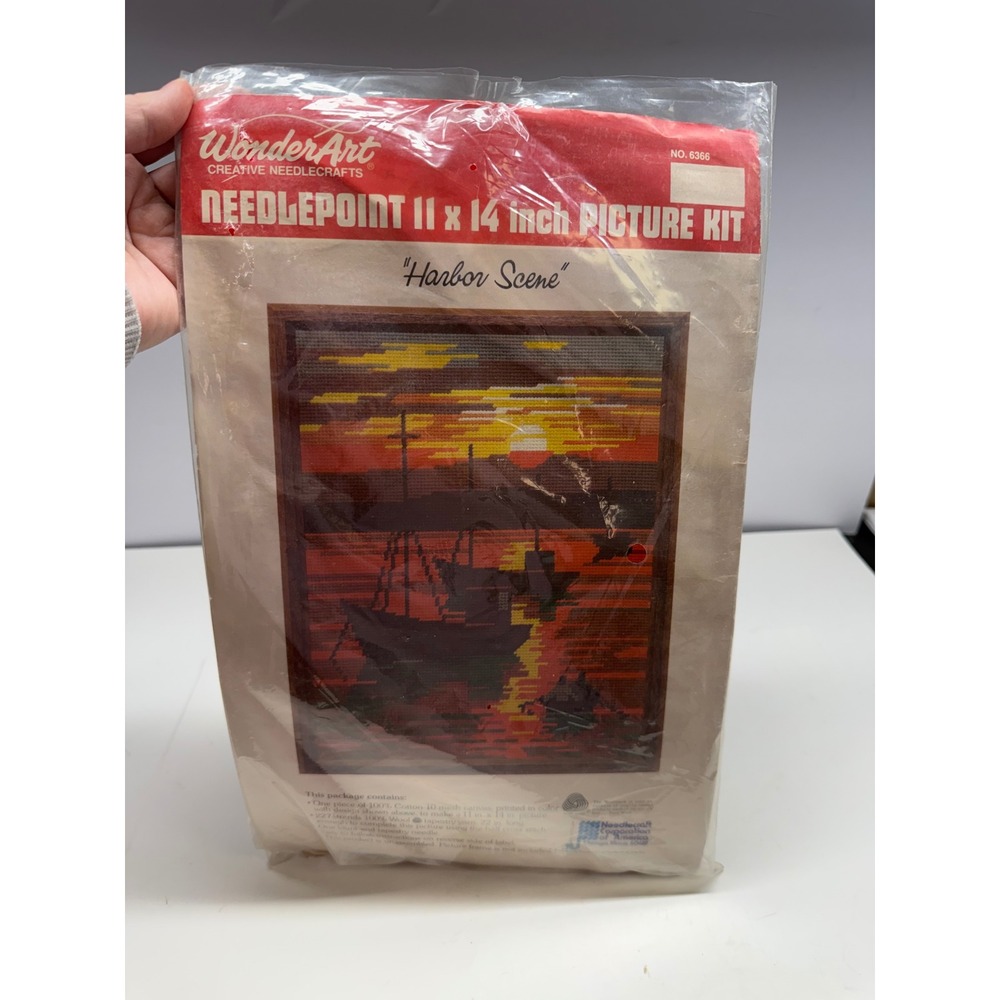 Vintage WonderArt Harbor Scene Needlepoint Kit 6366 Sunset Nautical 11x14 Wool